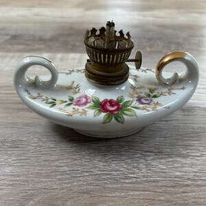 Vintage French Porcelain Oil Lamp with Floral Design